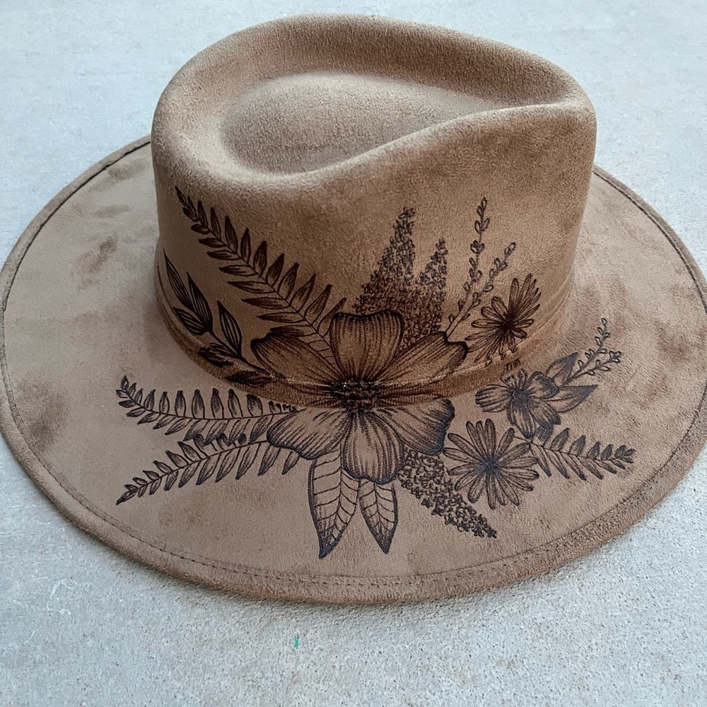 Tan brown hand burned floral rancher style western cowboy hat